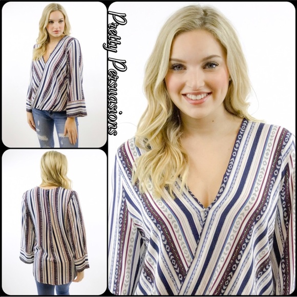 Striped Plunging Surplice Long Slv Top - Picture 7 of 7